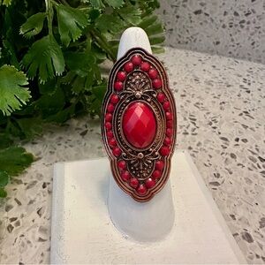 Copper tone and red acrylic gem ring